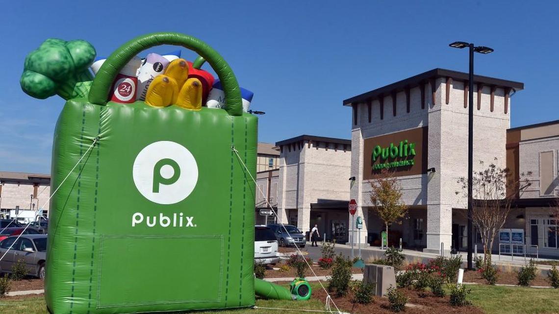 A giant inflatable grocery bag sits in front of Publix in 2014 before the company’s first Triangle location opened at the intersection of Davis Drive and High House Road in Cary.