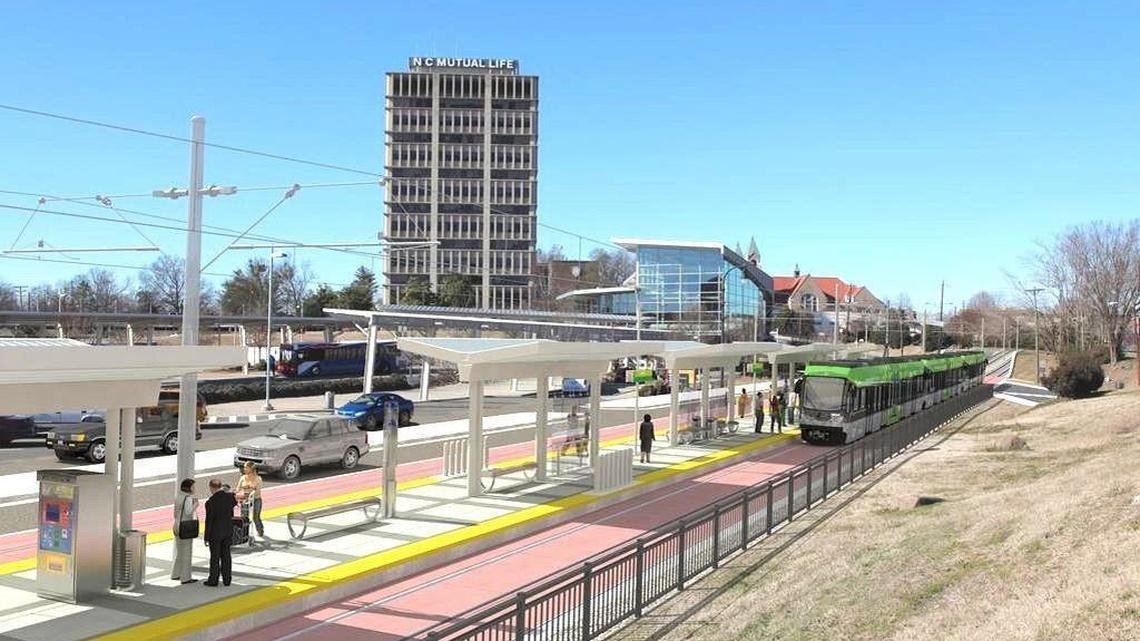 A concept illustration shows what a Durham-Orange Light-Rail Transit station might look like in downtown Durham.