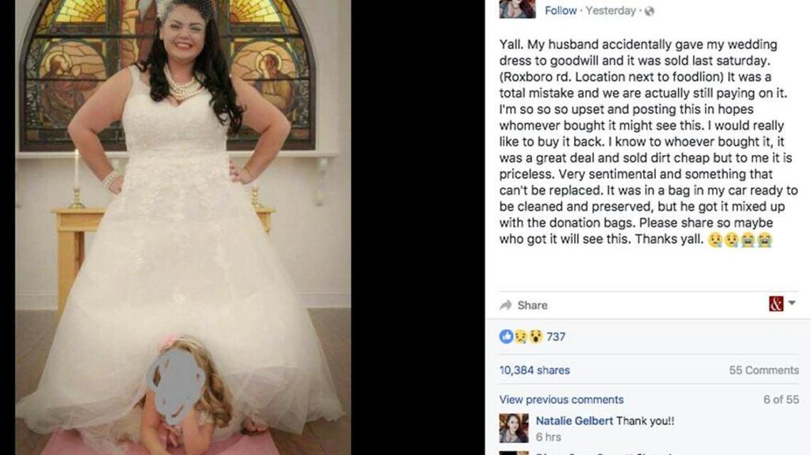 Her wedding dress was accidentally donated to Goodwill and now thousands are trying to help her find it
