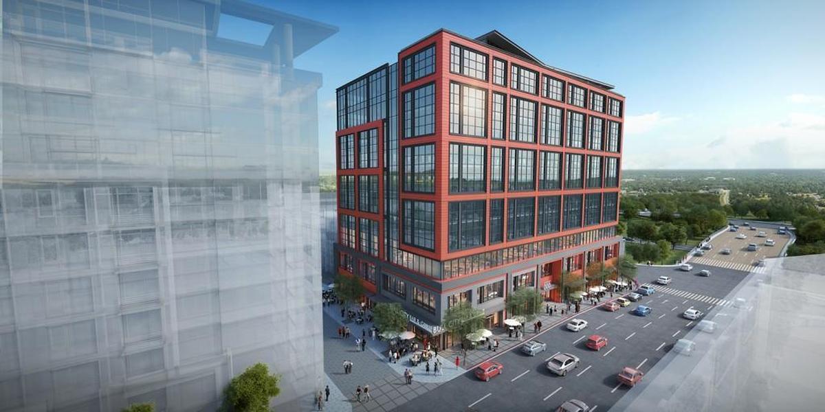 Rendering of 555 North Mangum, a 10-story office building planned for the former Elkins Chrysler dealership in downtown Durham.