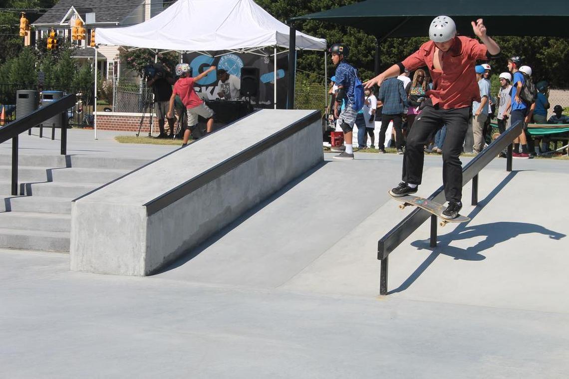 A skater grinds down a rail at Rodgers Family Skate Plaza in Apex, which again  ranked on a national list.