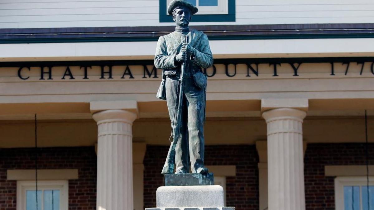 The monument to “Our Confederate Heroes” stands outside the Historic Chatham County Courthouse in downtown Pittsboro.