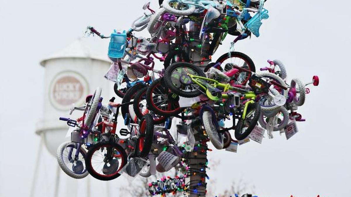 The Tree of Bikes outside Burt’s Bees at the American Tobacco Campus will be lit up Friday and open for viewing through Dec. 15.