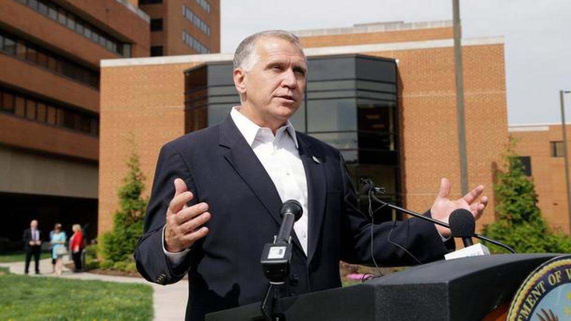 
U.S. Sen. Thom Tillis speaks to the media after touring the V.A. Hospital in Durham, N.C. on April 10, 2015. He was looking for ways to better the medical treatment given to veterans.
