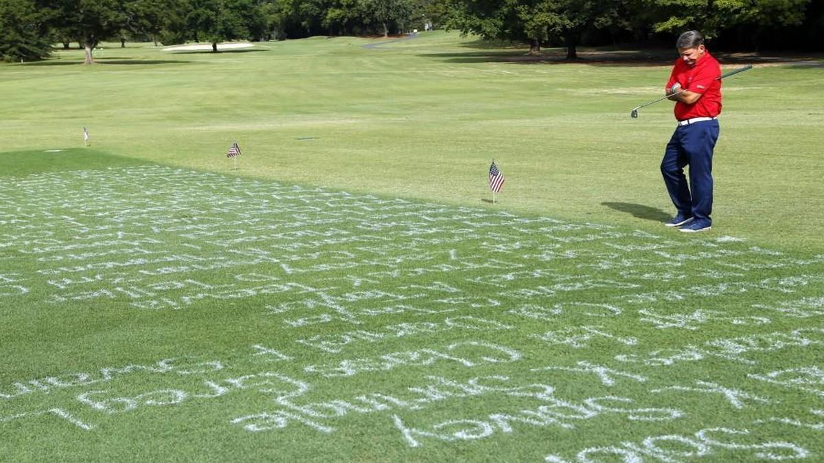
Karl Kimball, director of golf at Durham’s Hillandale Golf Course, has an annual tradition of writing the names of servicemen and women who died defending their country in recent wars on the course – 191 names this year. 
