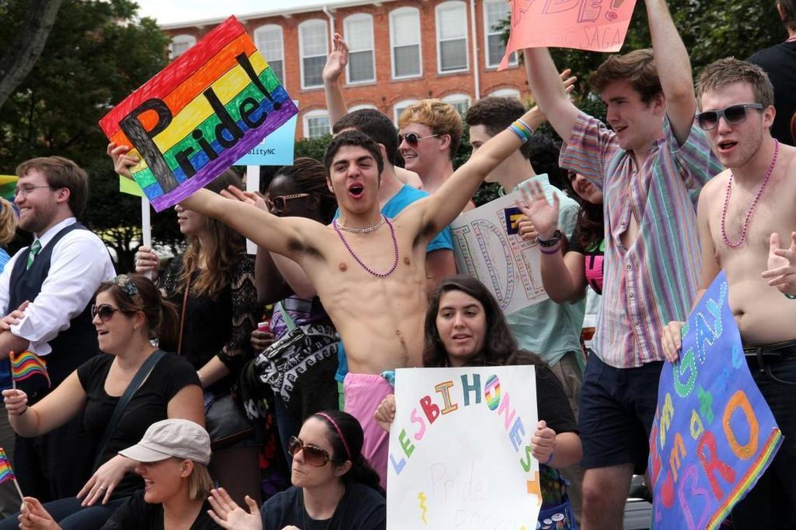 Duke students cheer during the annual N.C. Gay Pride march and rally that takes place in and around East Campus. This year’s event is set for Sept. 30, the holiest day of the Jewish year.