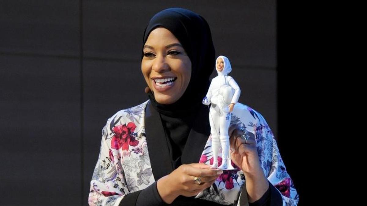 U.S. Olympic Medalist Ibtihaj Muhammad talks about the new Shero Barbie doll made in her likeness Monday, Nov. 13, 2017, during the 2017 Glamour Women of the Year LIVE Summit at the Brooklyn Museum in New York City.