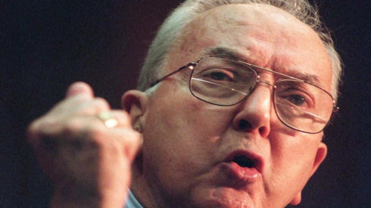 Senator Jesse Helms speaks in this archive photo to a meeting of the N.C. Broadcasters Association at the North Raleigh Hilton.