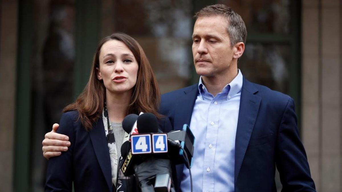 In this Dec. 6, 2016, file photo, Missouri Gov.-elect Eric Greitens and his wife Sheena speak to the media in St. Louis after she had been robbed at gunpoint the day before. Responding to a news report that overshadowed his annual State of the State address Wednesday night, Jan. 10, 2018, the Republican governor acknowledged he's been "unfaithful" in his marriage but denied allegations that he blackmailed the woman to stay quiet. The couple released a statement late Wednesday after the report that he had a sexual relationship with his former hairdresser in 2015.