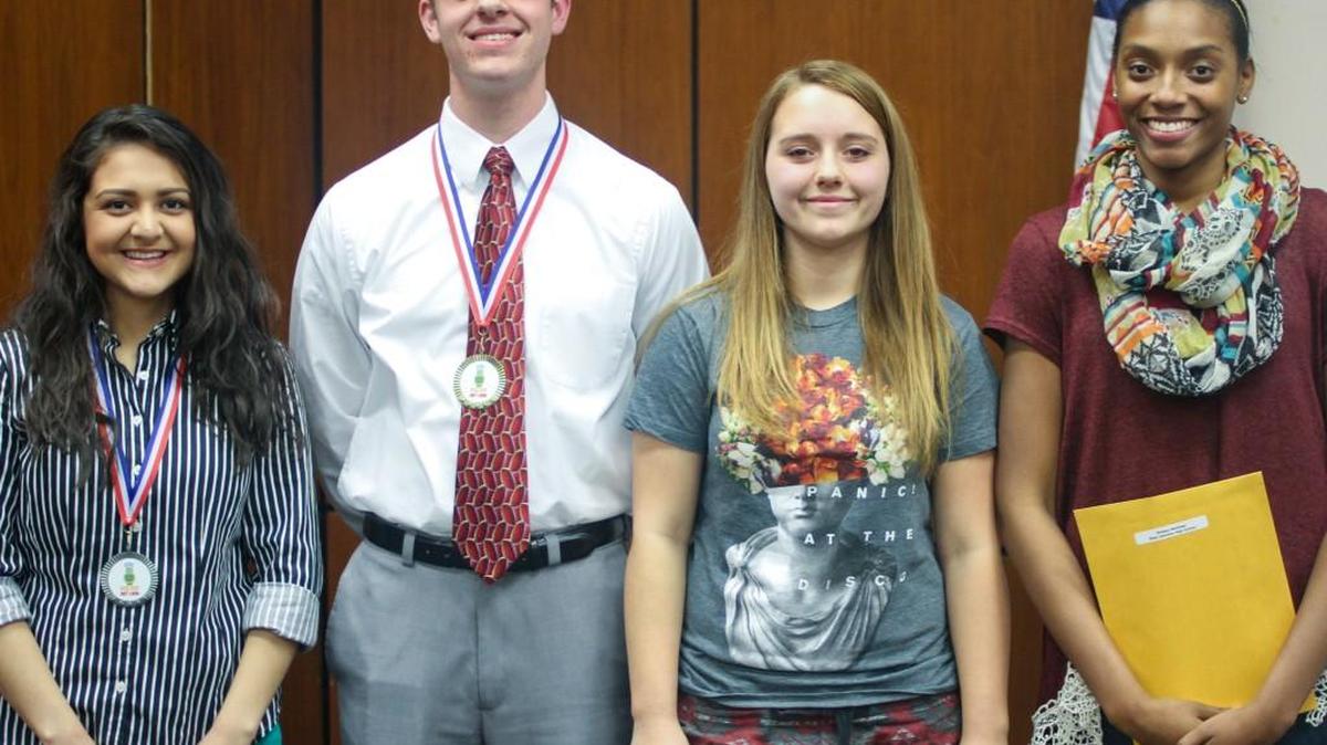 From left are Poetry Out Loud contestants Abigail Barajas, Noah Kiser Olivia Padgett and Brittany Wortham.
