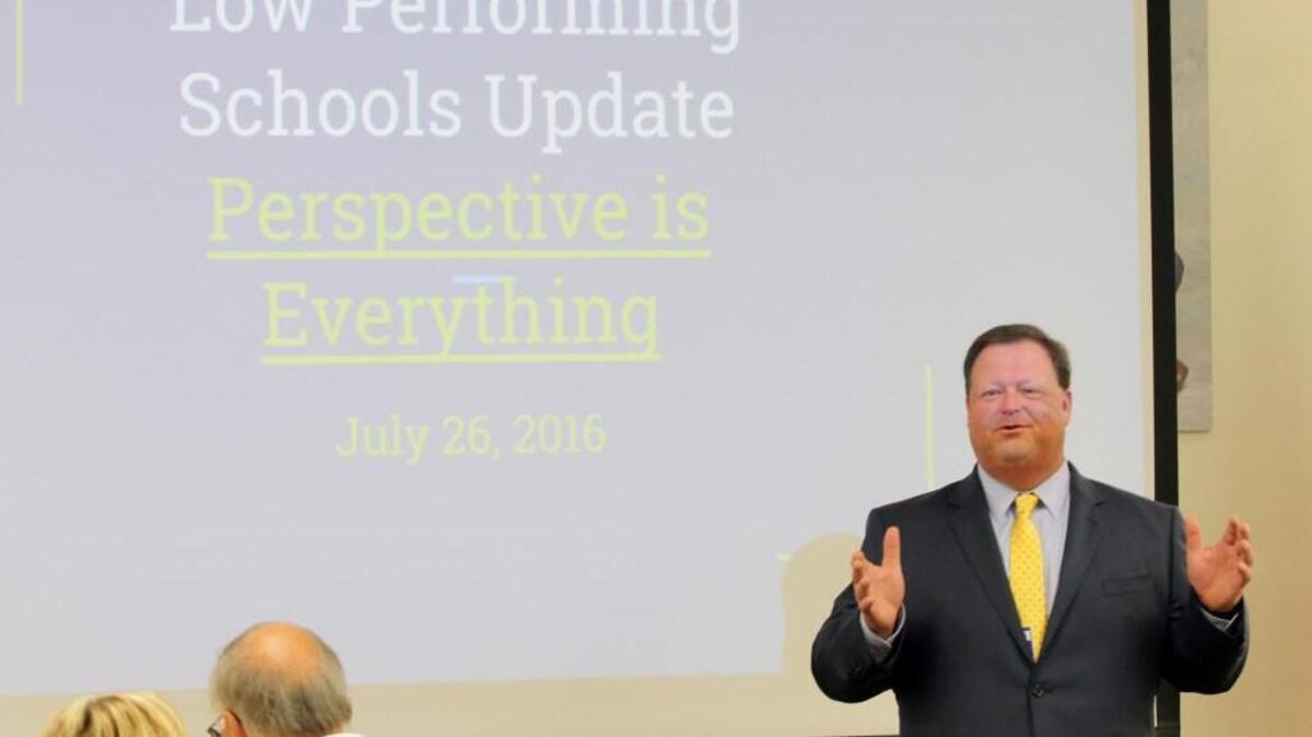 Johnston County Superintendent Ross Renfrow speaks to business leaders on Tuesday.