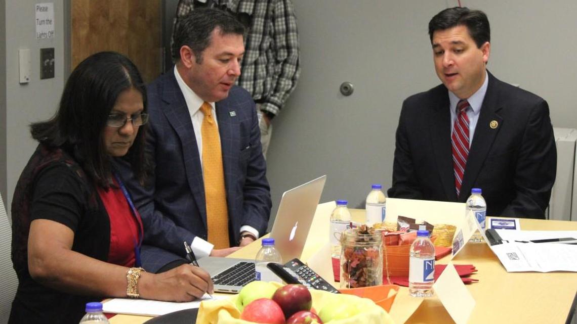 
U.S. Rep. David Rouzer, right, recently toured Neuse Charter School, where Executive Director Julie Jailall and board member Chris Johnson noted that charters receive fewer state dollars per student than traditional public schools.
