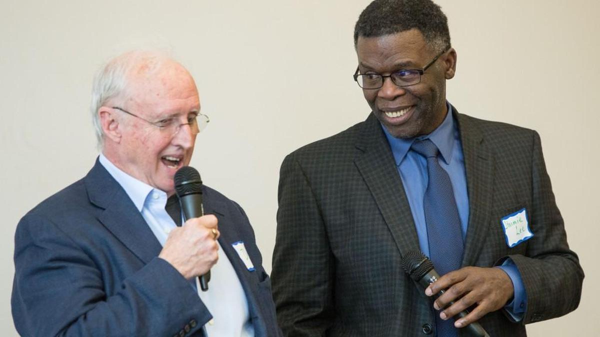 De Kirkpatrick, left, and Jimmie Lee Kirkpatrick, right, speak during a forum at United Church of Chapel Hill in Chapel Hill, N.C. on Sunday, Jan. 15, 2017.