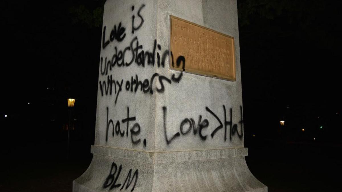 The graffiti, apparently painted on Friday night, had been removed by midday Saturday, according to the student newspaper the Daily Tar Heel.