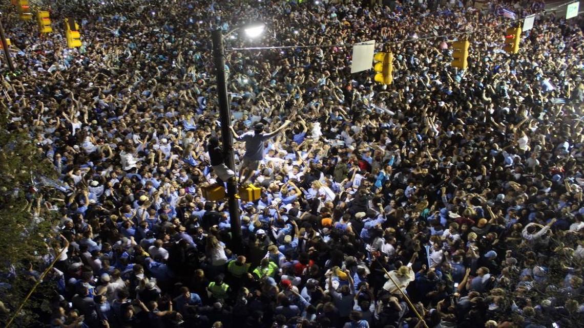 UNC fans flood Franklin Street to celebrate North Carolina’s national championship win over Gonzaga on April 3, 2017. Chapel Hill officials were able to monitor the crowds using cameras and traffic sensors, helping them deploy police, fire and medical personnel.