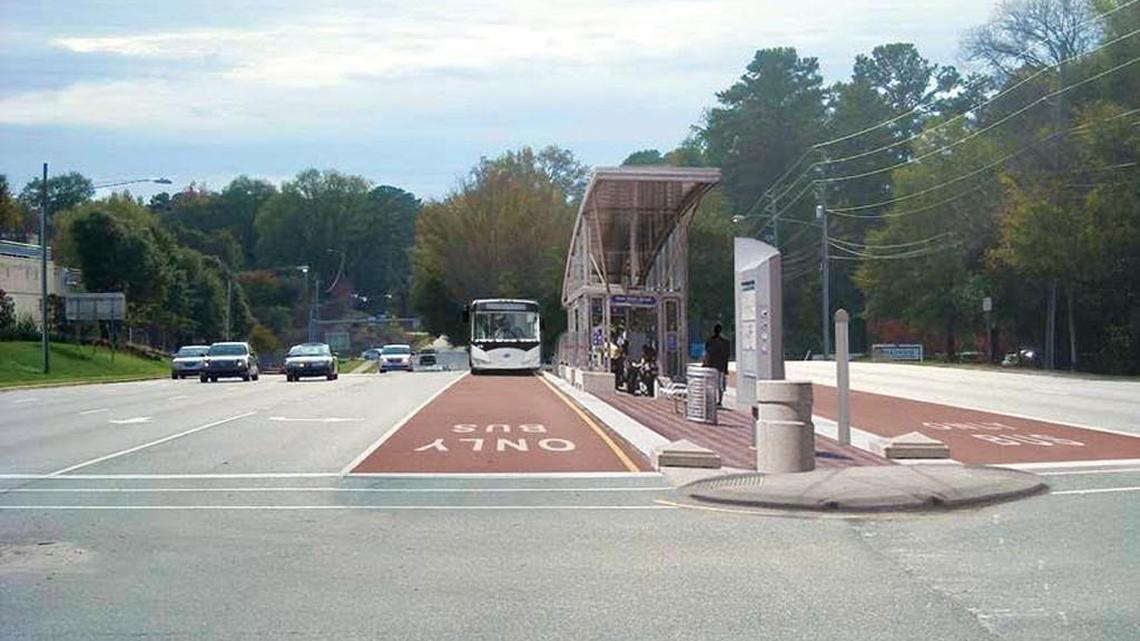 An artist's rendering of a proposed Bus Rapid Transit, known as BRT. Unlike traditional bus systems, BRT provides faster service than other automobile traffic by running in dedicated lanes and getting special priority at traffic signals. Buses would stop at BRT stops every 15 minutes. The plan would provide 20 miles of BRT service connecting downtown Cary in the west, William Peace University in the north, WakeMed Raleigh in the east and the Tryon Road-U.S. Highway 401 intersection in the south. BRT would mostly run on Western Boulevard, Capital Boulevard, New Bern Avenue and Wilmington Street.