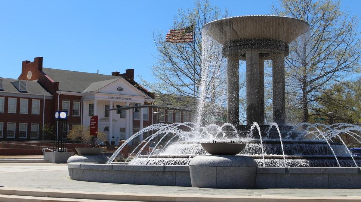 Cary’s downtown park features a large water fountain.