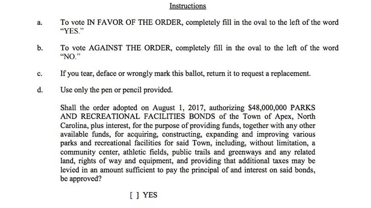 The state’s local government commission will have to sign off on this bond question in order for it to appear on Apex’ ballot Nov. 7.