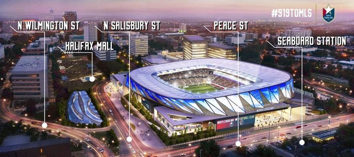 A rendering of a proposed Major League Soccer stadium in downtown Raleigh.