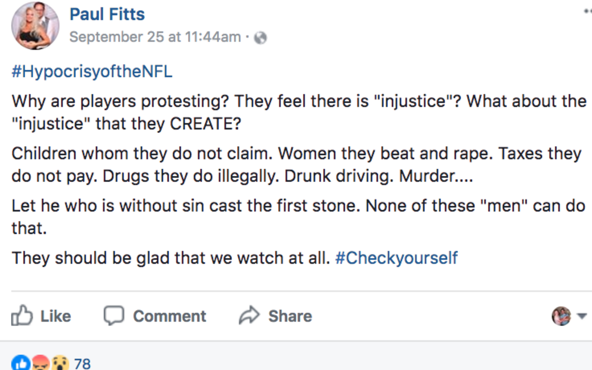 Raleigh mayoral candidate Paul Fitts suggested in a Facebook post Monday that the NFL players kneeling for the national anthem were guilty of a wide array of criminal activities.