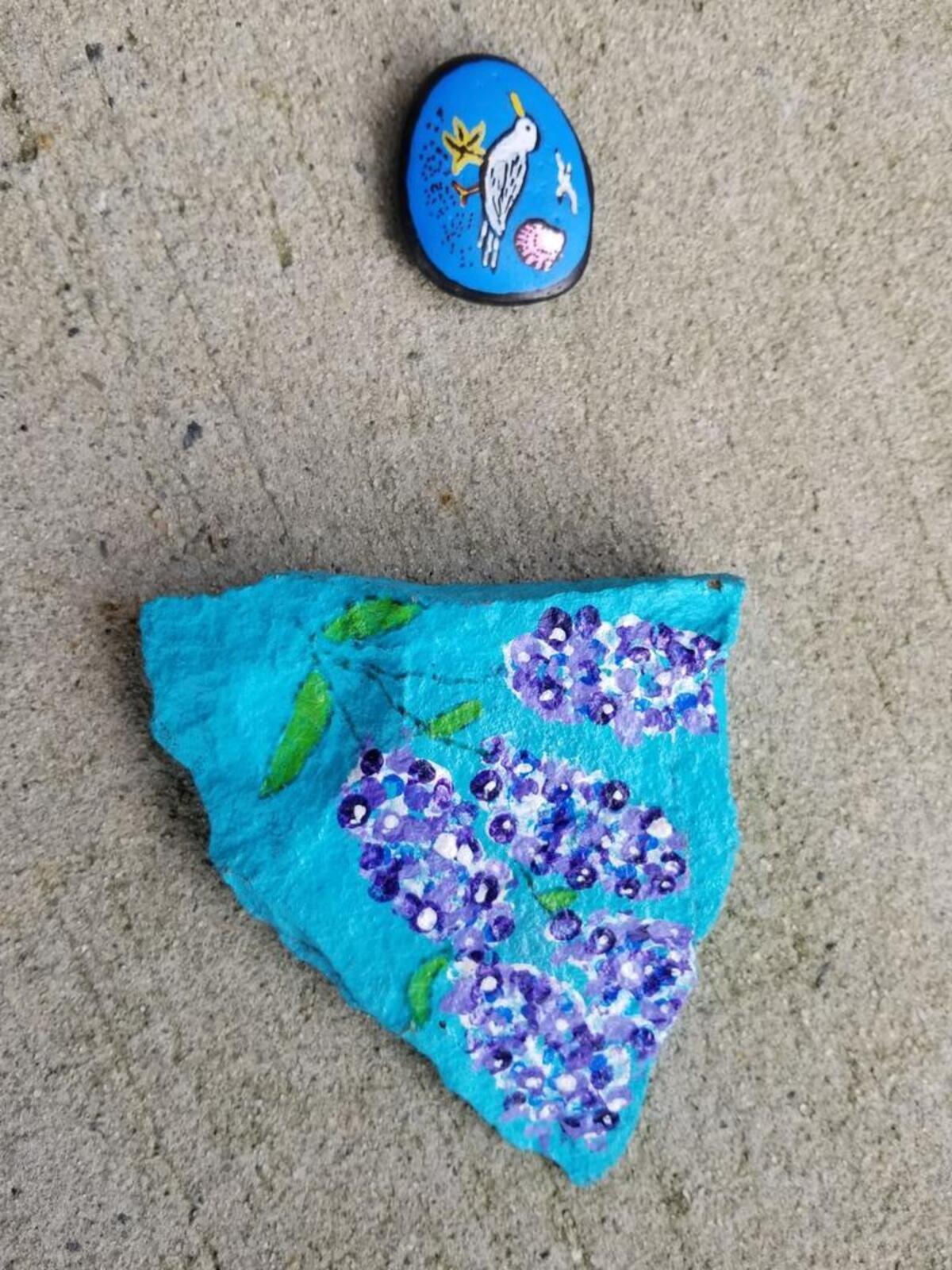 Top: A rock mailed to 4-year-old Noah Higham of Raleigh from his grandmother, Feather Wisniewski of Mount Joy, Pennsylvania. Bottom: A rock Noah found at a north Raleigh park.