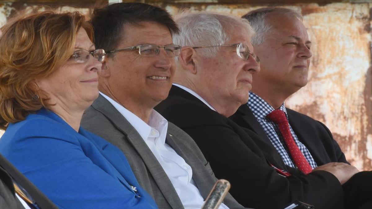 
Raleigh Mayor Nancy McFarlane, Gov. Pat McCrory, Congressman David Price, and Tony Tata, secretary of the NCDOT, listen to speakers during a groundbreaking ceremony at the former Dillon Supply Company warehouse at 510 W. Martin Street in Raleigh, NC, Friday May, 8, 2015. Raleigh Union Station will be home to the new Amtrak station sometime in 2017.
