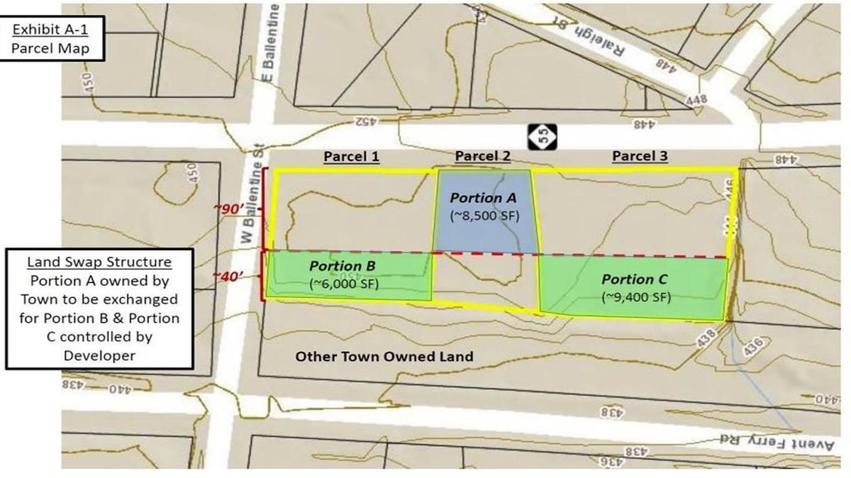 Holly Springs is exchanging town land – in blue – to developers in exchange for the privately held land in green, which the town needs for a public parking deck it’s paying for as part of a public-private partnership the Town Council approved June 6.