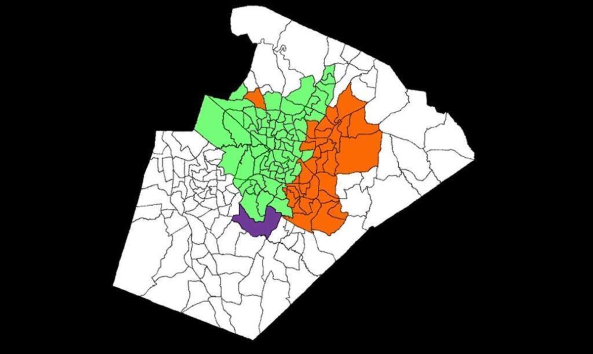 Graphic shows mayoral race voting by precinct in Raleigh. Incumbent Nancy McFarlane is green, Charles Francis is orange and tie is purple.