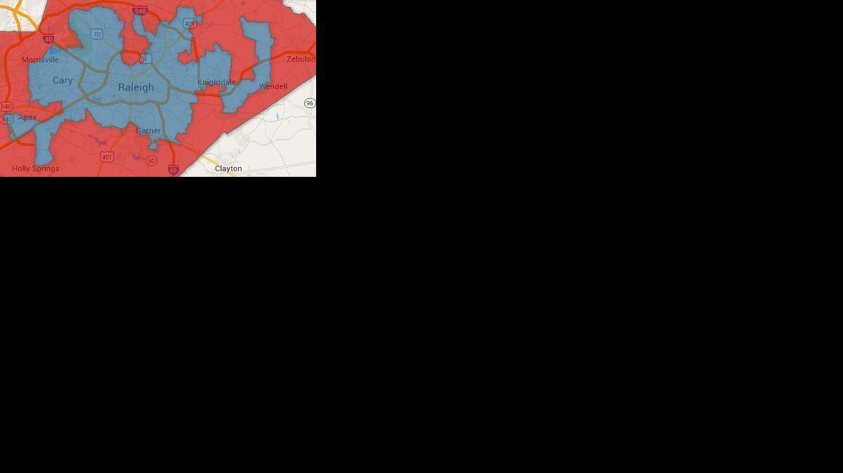 
This screen grab made from a custom Google map shows how voters in Wake County’s most recent election for county commissioners would have voted if the two new super districts were in effect for that election.
