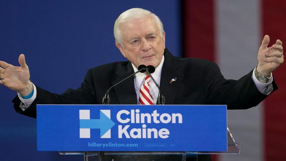 Former N.C. Gov. Jim Hunt speaks during a rally with Michelle Obama for Hillary Clinton on Tuesday, October 4, 2016, at Reynolds Coliseum in Raleigh.