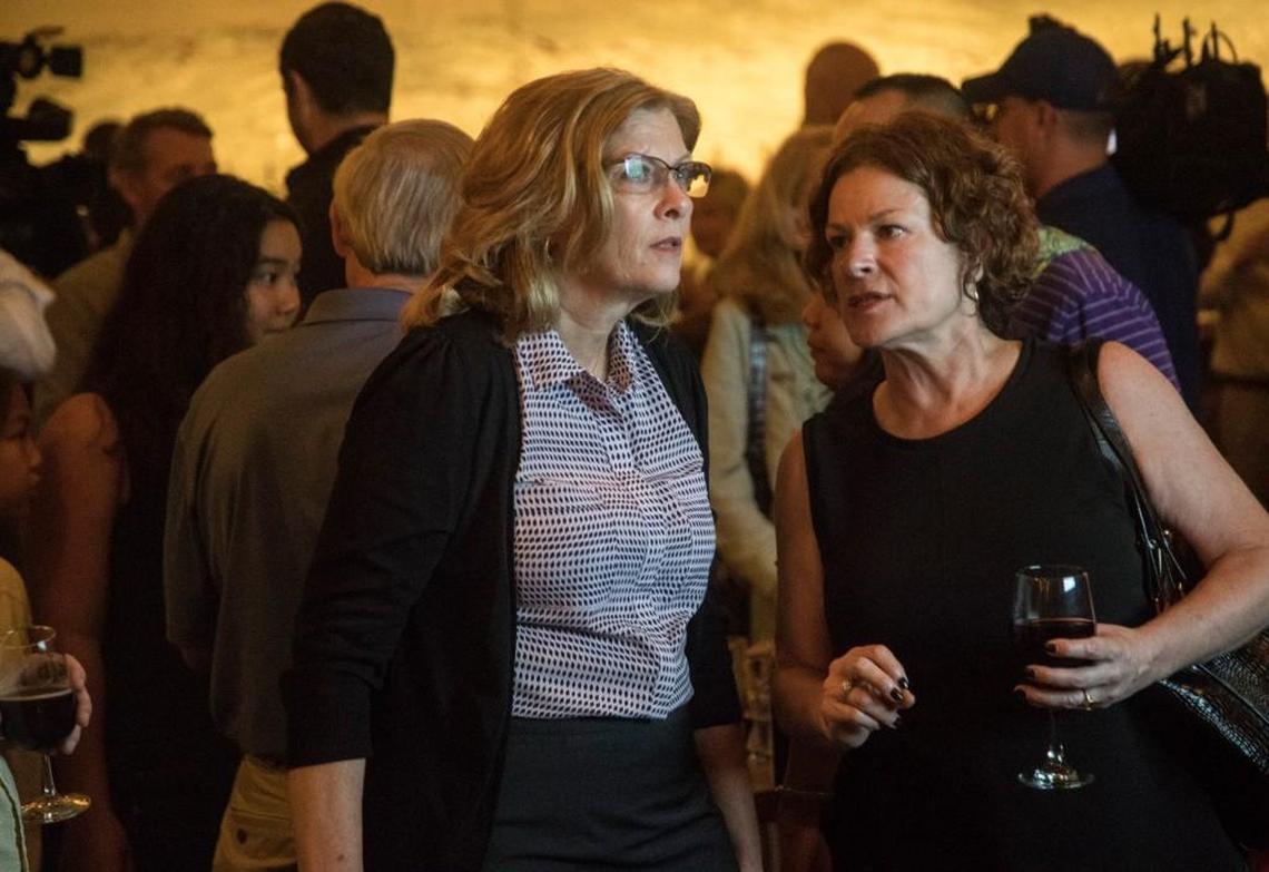 Raleigh mayor Nancy McFarlane, left, watches election returns while talking with four-term at large city counciler Mary Ann Baldwin, who did not seek re-election, in October at Brewery Bhavana in downtown Raleigh.