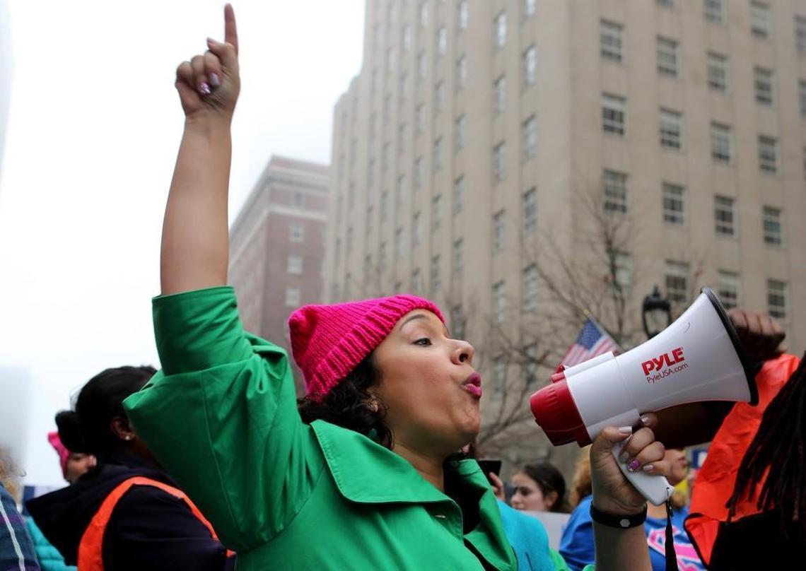 Carly Jones chants during the Women’s March on Raleigh in 2017.