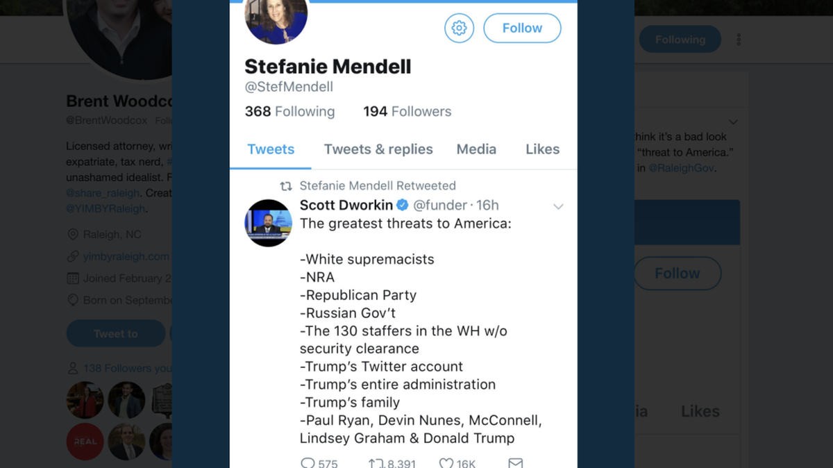 A screen shot of a tweet retweeted by Raleigh Council member Stef Mendell.