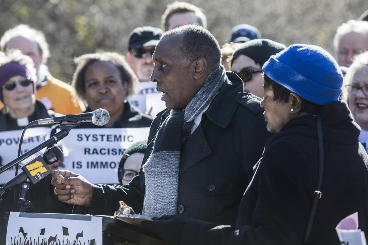 The Rev. Nelson Johnson of Greensboro speaks during a “Poor People’s Campaign” rally on Halifax Mall in Raleigh on Monday.