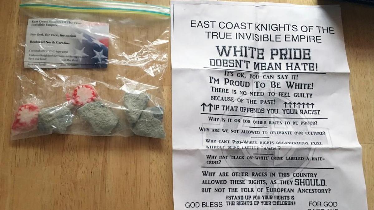 A photo of plastic bags containing propaganda from East Coast Knights of the True Invisible Empire, a statewide chapter of the Ku Klux Klan, in Garner, N.C. Sunday Dec. 24, 2017.