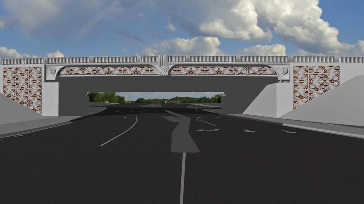 The Capital Boulevard bridge over Peace Street will be ornamented with a steel grill with a pattern that suggests oak leaves and flowing water. The grill will be backlit at night.