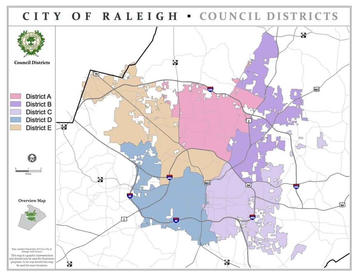 Raleigh’s five City Council districts.