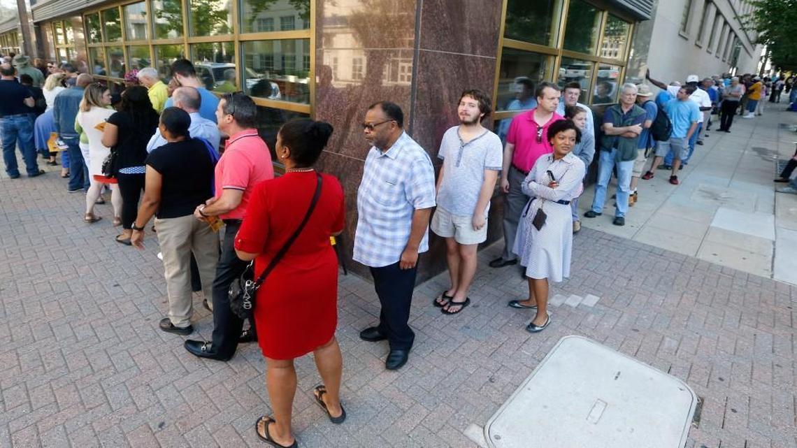 There was a line around the building to vote at the Wake County Board of Elections Office in Raleigh during the first day of early voting in Thursday, Oct. 20, 2016.