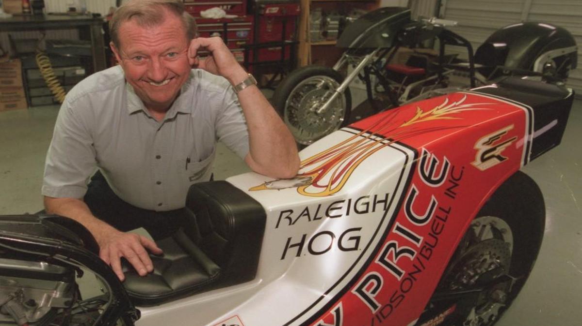 Ray Price, seen here in 2009 with his drag bike in his shop in Raleigh, died Dec. 16 at age 78.