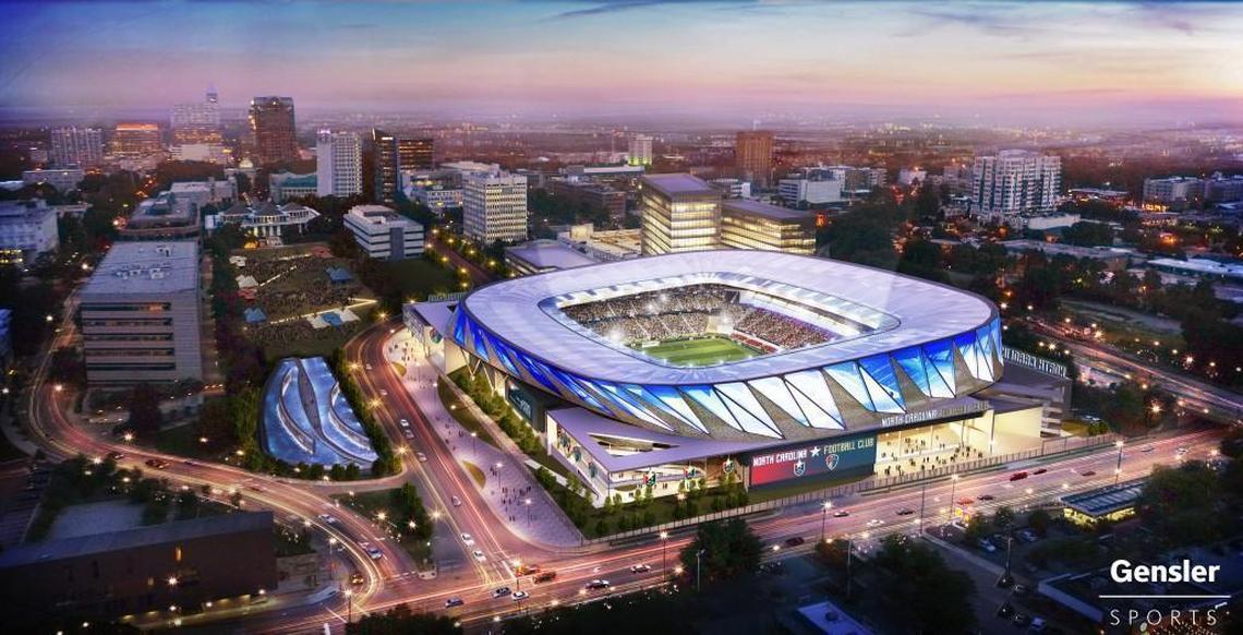 An artist’s rendering of what a Major League Soccer stadium in downtown Raleigh might look like if North Carolina Football Club plans for a public-private partnership to build the facility come to be.
