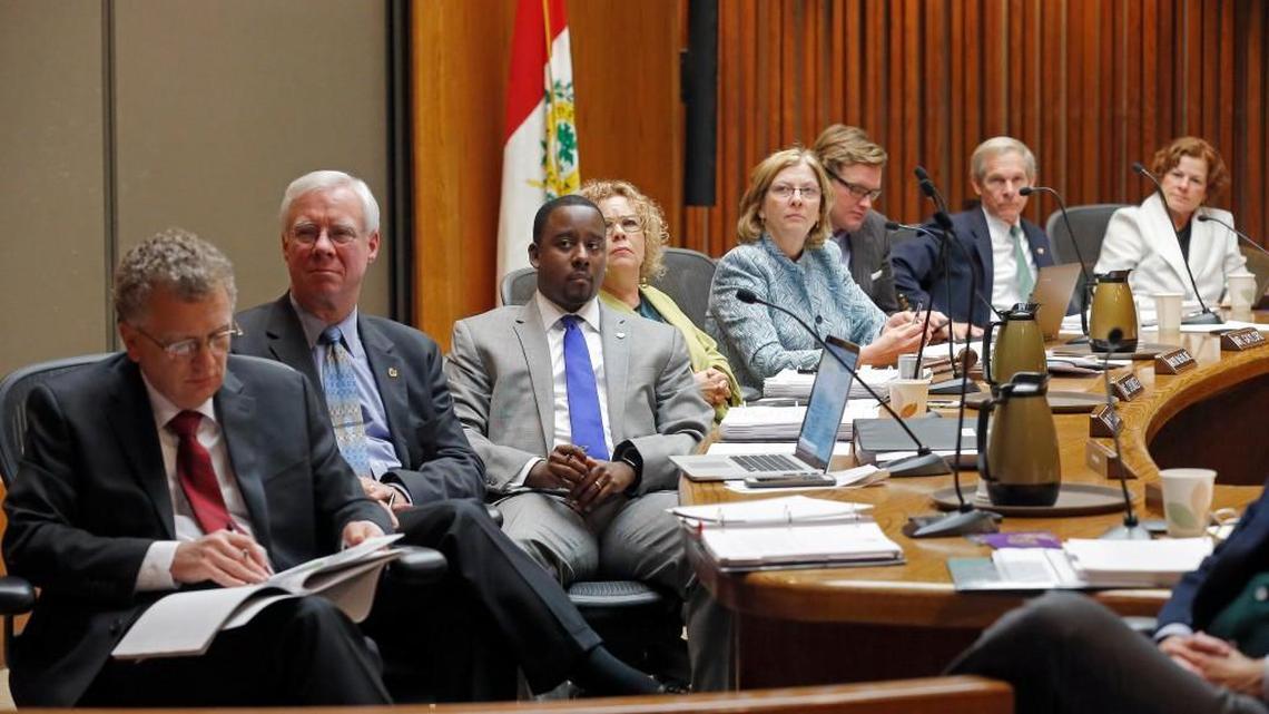 Council members, from left, David Cox, Russ Stephenson, Corey Branch, Kay Crowder, Mayor Nancy McFarlane, Bonner Gaylord, Dickie Thompson and Mary-Ann Baldwin watch a presentation at a 2015 meeting. Baldwin and Gaylord will be replaced by Stef Mendell and Nicole Stewart early next month.