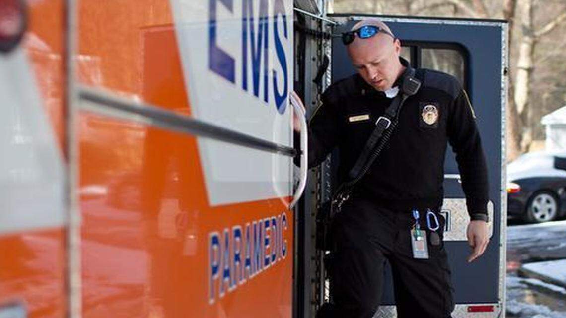 
Wake County paramedic Benjamin Currie steps out of an ambulance after helping a young man into the truck while on a substance abuse call Friday, Feb. 27, 2015, in Cary. Currie was called to the scene to assist with a behavioral health problem. Currie calmed the man down and was able to assist him into the ambulance. The patient was diverted to the UNC Health Care Crisis and Assessment Service at WakeBrook rather than being transported to an emergency room.
