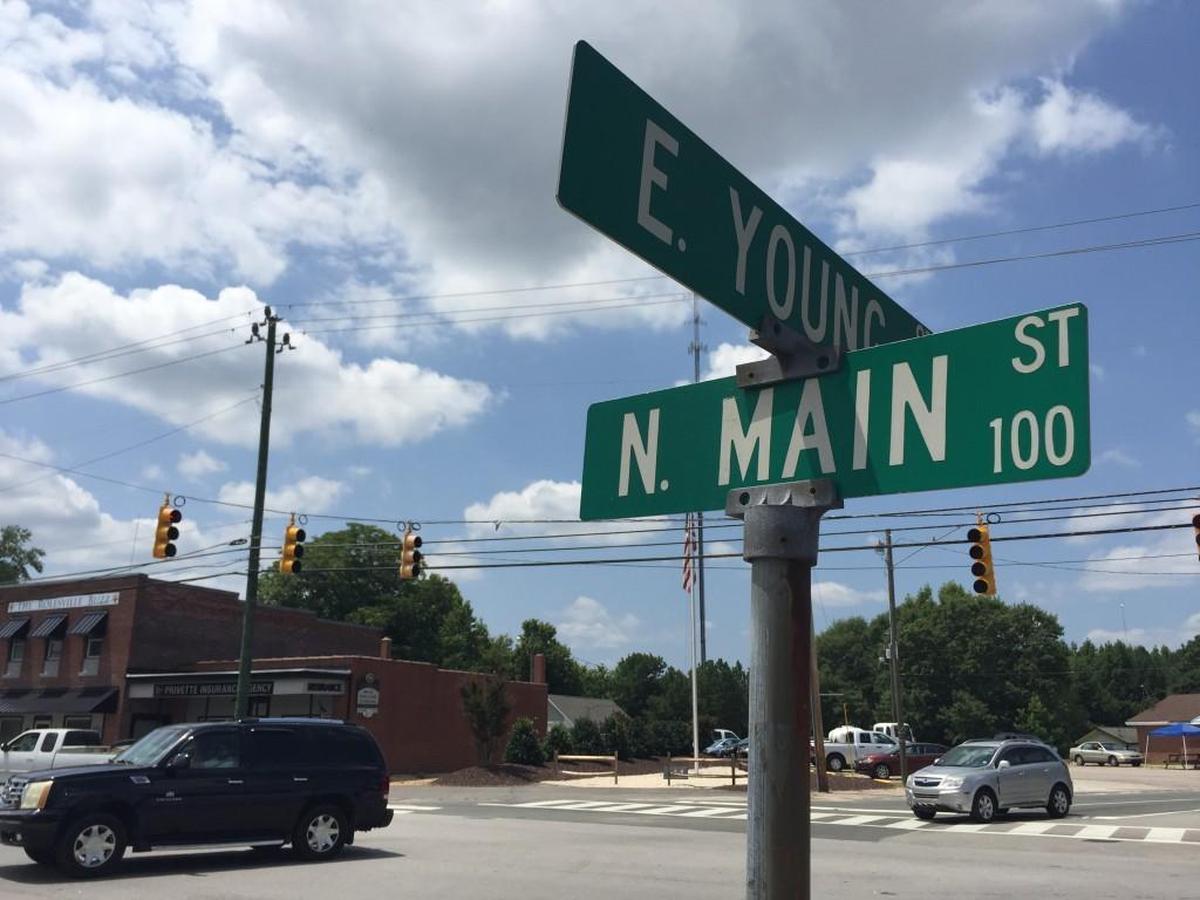 The intersection of Young and Main Streets, where Rolesville planners hope to center a redeveloped downtown.