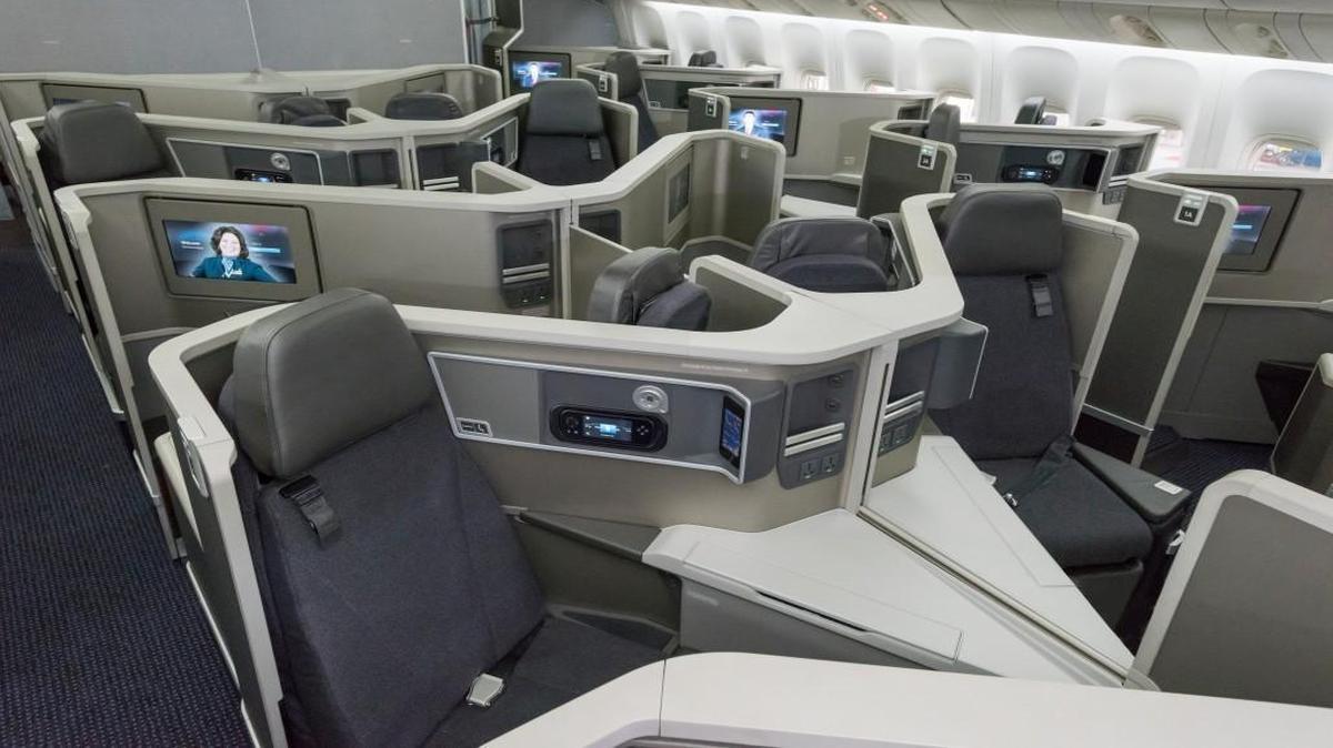 American Airlines is now using a Boeing 777-200 for its nonstop service from the Raleigh-Durham International Airport to London’s Heathrow Airport. The larger aircraft offers 45 Business Class seats like these, and in-seat entertainment like live television and wireless internet service throughout the plane.