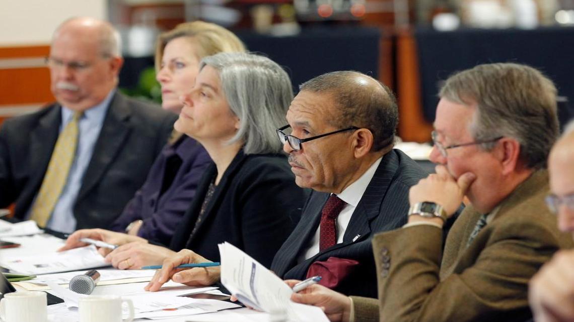 From left, Wake County Superintendent of Schools James Merrill,Wake County Commissioner Caroline Sullivan, Chair of the Wake County School Board Christine Kushner, Chair of the Wake County Commissioners James West and School Board member Tom Benton, listen during a joint meeting between the Wake Co. Commissioners and the Wake Co. School Board held at PNC Arena in Raleigh on Jan. 26, 2015.