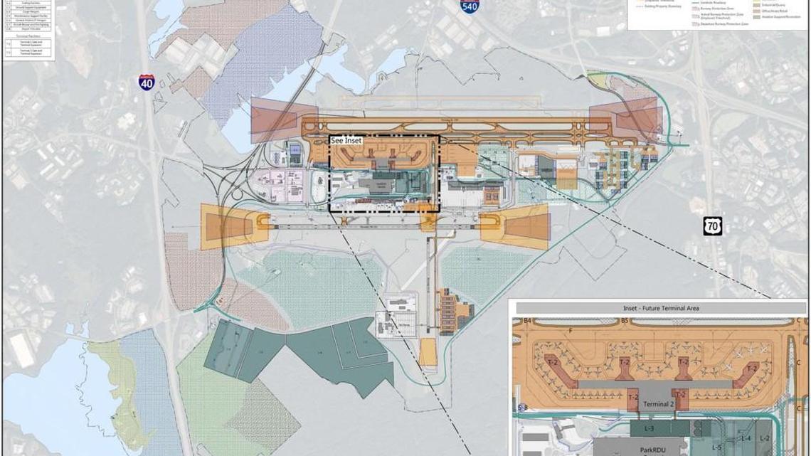 The Raleigh-Durham Airport Authority presented this preferred plan Tuesday, Oct. 11, 2016, as part of the airport’s Vision 2040 planning process. One recent change was to amend the designation for a portion of land north of Interstate 40 (textured dark green) to allow for aviation support or recreational uses.