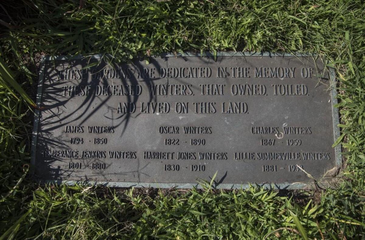 A family memorial plaque sits near the in an overgrown patch of grass near Winters Square. The sale of Wintershaven and nearby Winters Square were the result of the Winters family’s deteriorating financial situation and a legal dispute over the Winters’ trusts.