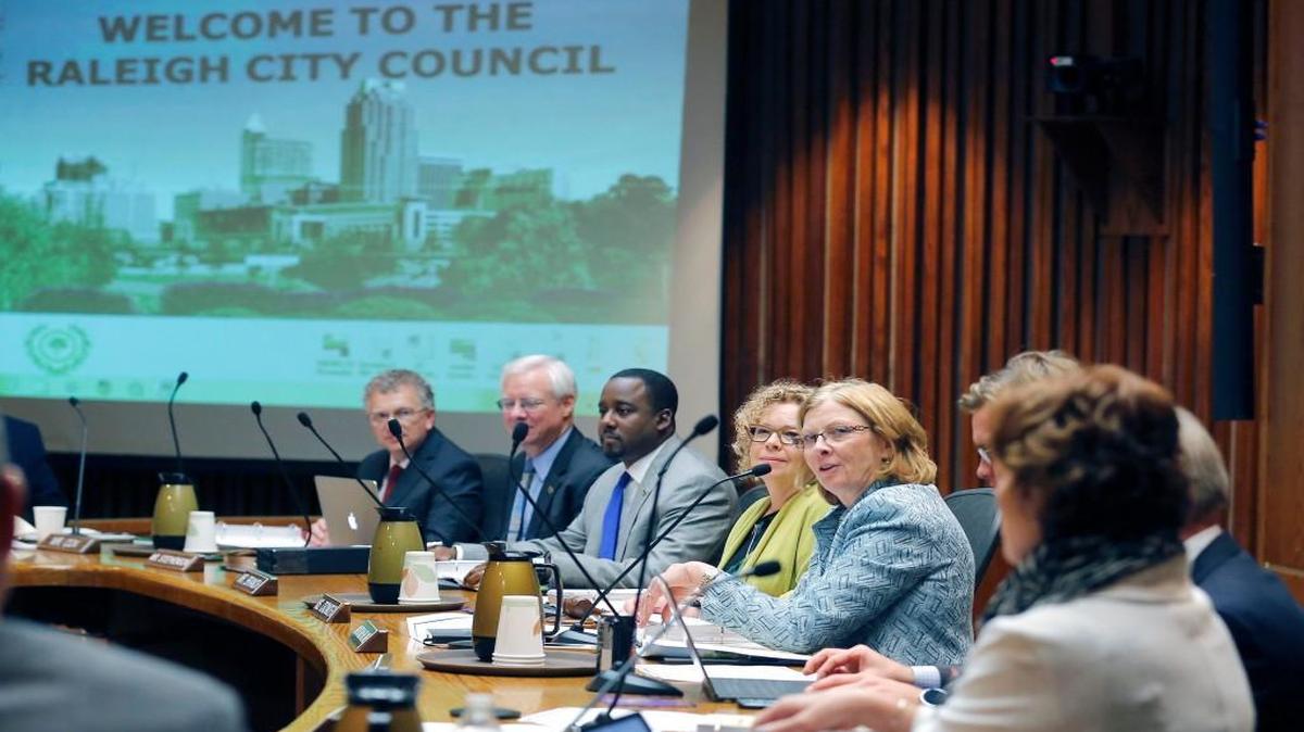 Council members, from left, David Cox, Russ Stephenson, Corey Branch, Kay Crowder, Mayor Nancy McFarlane, Bonner Gaylord, Dickie Thompson and Mary-Ann Baldwin discuss business as the Raleigh City Council meets in its chambers in downtown Raleigh on Dec. 1, 2015. Every seat is up for re-election this fall.
