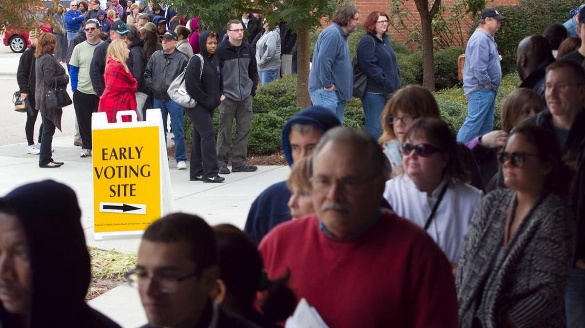 Nearly 300 people were in line at the Northern Regional Center poll in Wake Forest, N.C. when early voting ended at 1 p.m. on Saturday, November 1, 2014.