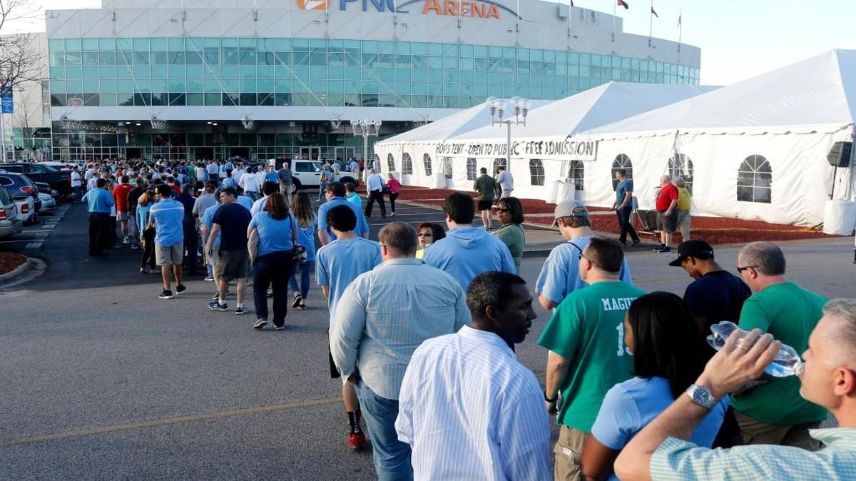 Fans line up outside PNC Arena before UNC's game against Florida Gulf Coast in the first round of the NCAA Division I Men's Basketball Championship at PNC Arena in Raleigh Thursday, March 17, 2016.